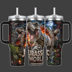 Jurassic World Isla Nublar T-Rex Critical Status Stainless Steel Insulated Tumbler Cup, 20oz/40oz with Straw Lid Included, 40oz Handle Option, Jungle Volcano Full Wrap Design