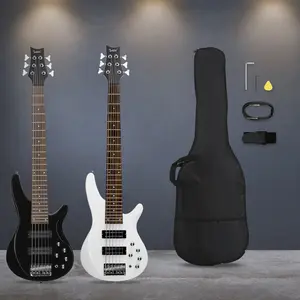 44-Inch GIB 6-String H-H Pickup Electric Bass Guitar, Laurel Wood Fingerboard, White Adjustable Bridge, Stunning Finish, with Adjustable Guitar Strap, Carry Bag and Other Accessories