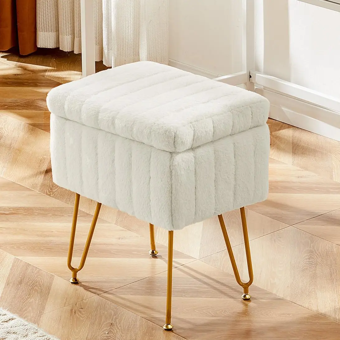 Faux Fur Vanity Stool with Storage, Soft Padded Makeup Ottoman Seat with Metal Legs, Footrest for Bedroom and Entryway, Adjustable Foot Pads Included