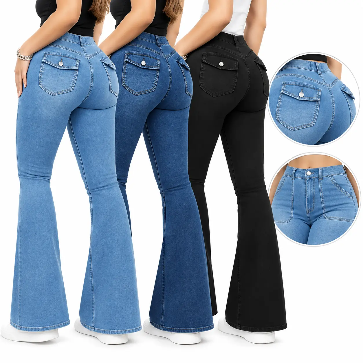 Women's High Stretch Flare Jeans Light Wash Full Length Denim Pants with Front Pockets Button Flap Back Pockets Casual Everyday Wear