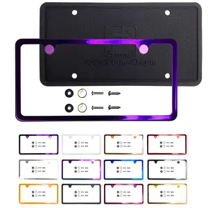 Silicone Back Guard Two Holes Slim License Plate Frame Purple Mirror Chrome Electroplating Universal Fit Aluminum Screw On Cap Cover, T304 Stainless Steel, Rust Proof Weather Proof (Qty: 1 Frame)