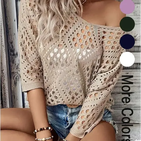 Women's Plain Hollow-Out Knitting Sweater, Hollow Out Pullover, Casual Loose Fit 3/4 Sleeve Crew Neck Jumper for Summer, Fashion Women's Knitwear for Daily Wear, Elegance Lady Womenswear