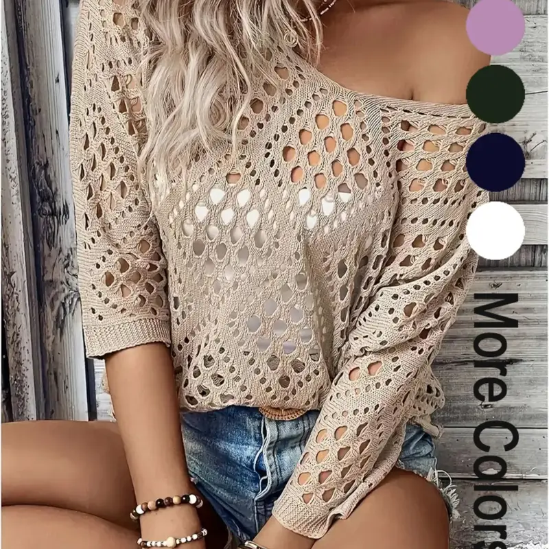 Women's Plain Hollow-Out Knitting Sweater, Hollow Out Pullover, Casual Loose Fit 3/4 Sleeve Crew Neck Jumper for Summer, Fashion Women's Knitwear for Daily Wear, Elegance Lady Womenswear