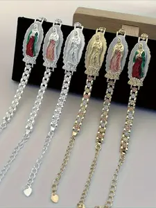 Women's Virgin Mary Multi-Color Flower Religious Chain Bracelet, Flower Design Bracelet, Ideal for Daily & Holiday Wear, Perfect Christmas Gift for Her