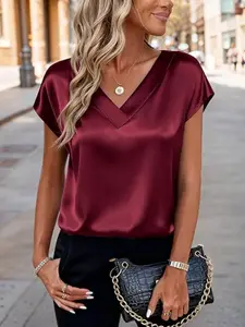 Women's Fitted Plain Satin V Neck Short Sleeve T-Shirt, Casual Summer Fashion Top, Stylish Ladies Clothes for Everyday Wear