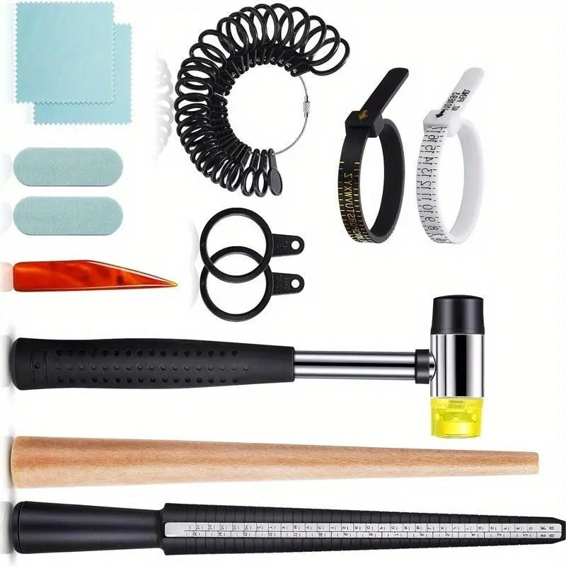 11PCS Ring Sizing Kit with Mandrels Half Size, US UK Size 1-13, Jewelry Hammer, Polishing Cloth, Polishing Stick, Agate Knife, Measuring Tools