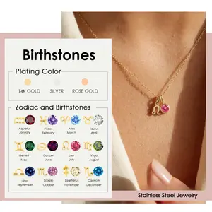 New Zodiac Sign Necklace for Women with Twelve Birthstones, Stainless Steel Vacuum Electroplated 18K Gold Pendant Jewelry