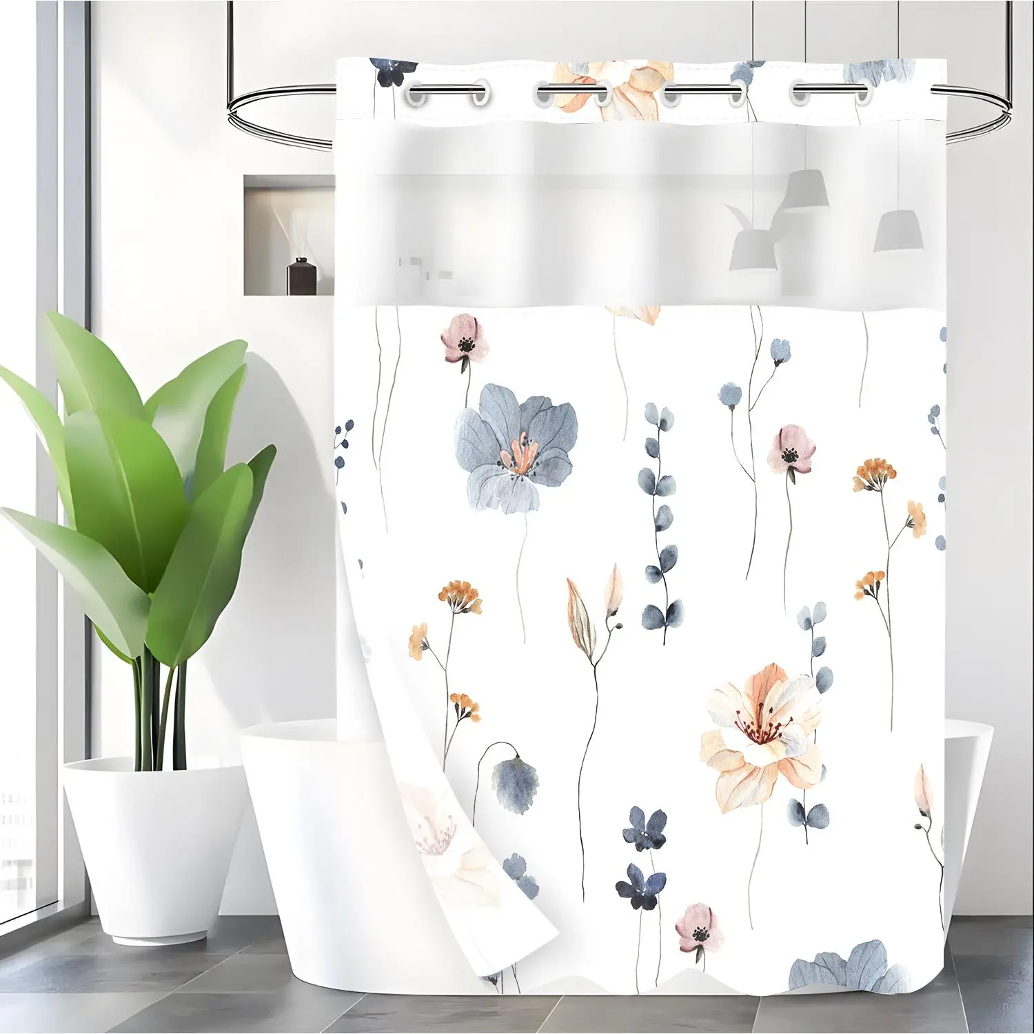 Boho Style Waterproof Shower Curtain No Hooks, Hotel Style Sage Eucalyptus Leaf Design, Hookless Double Layer Bathroom Decor, Bathroom Accessory, 70.8x74 Inch, Bathroom Decoration Accessories, Boho Shower Curtains For Bathroom