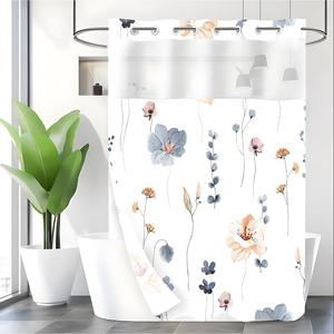flower & leaf print decoration shower curtain, 1 count waterproof shower curtain with hooks, bathroom easy installation supplies for home use, household items, room accessories, bathroom accessory
