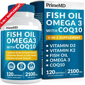 5-in-1 Fish Oil Omega 3 Supplement with CoQ10, Vitamins D3 & K2, 120 ct Burpless Supplements - Omega 3 Fish Oil EPA DHA, Lemon Flavored Fatty Acid Supplements with CoQ10 100mg omega3 fishoil