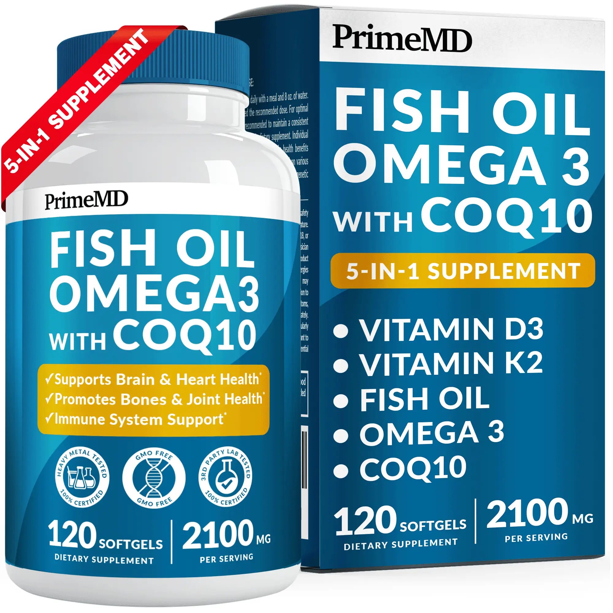 5-in-1 Fish Oil Omega 3 Supplement with CoQ10, Vitamins D3 & K2, 120 ct Burpless...