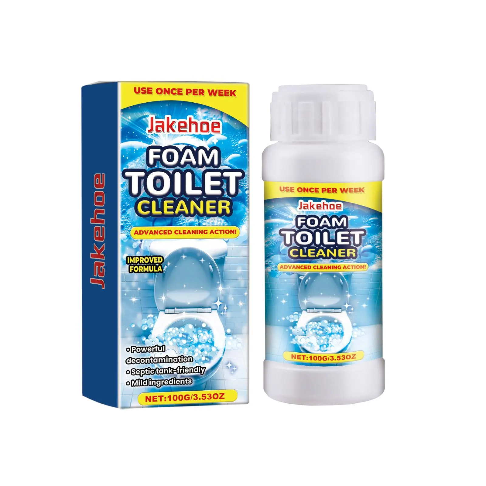 Jakehoe Foaming Toilet Bowl Cleaner Powder, Fizzy Foam Action Cleans Under Rim & Below Waterline, Septic Tank Safe, Removes Stains, Limescale & Odors, Weekly Use, 3.53 OZ