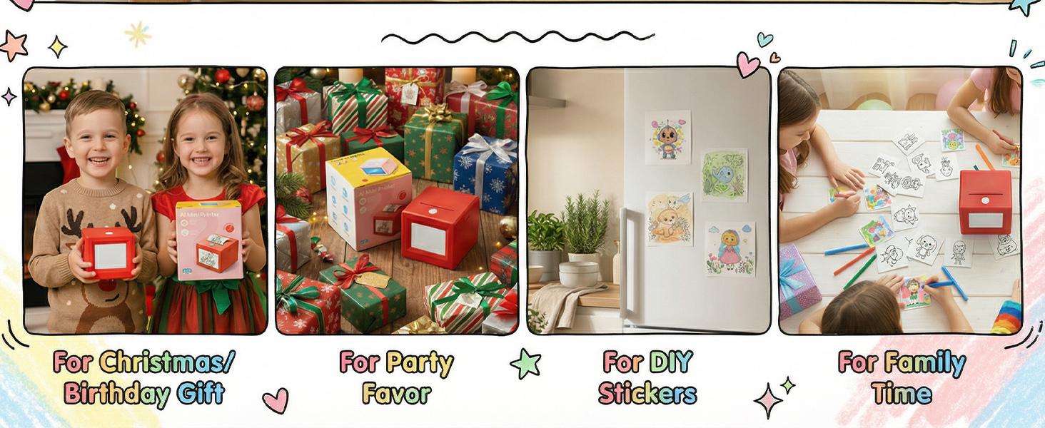 Children's AI Sticker Drawing Machine, featuring voice-to-image conversion, portable cartoon drawing maker, instant thermal paper output, creative toy set, includes 3 rolls of thermal paper and 2 rolls of stickers.