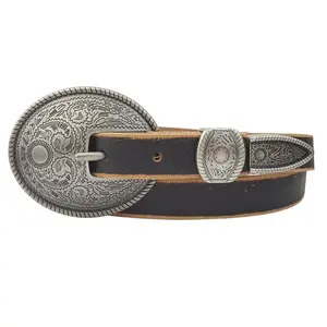 Women's Black Leather Fashion Belt with Intricate Silver Buckle and Detailed Engraving
