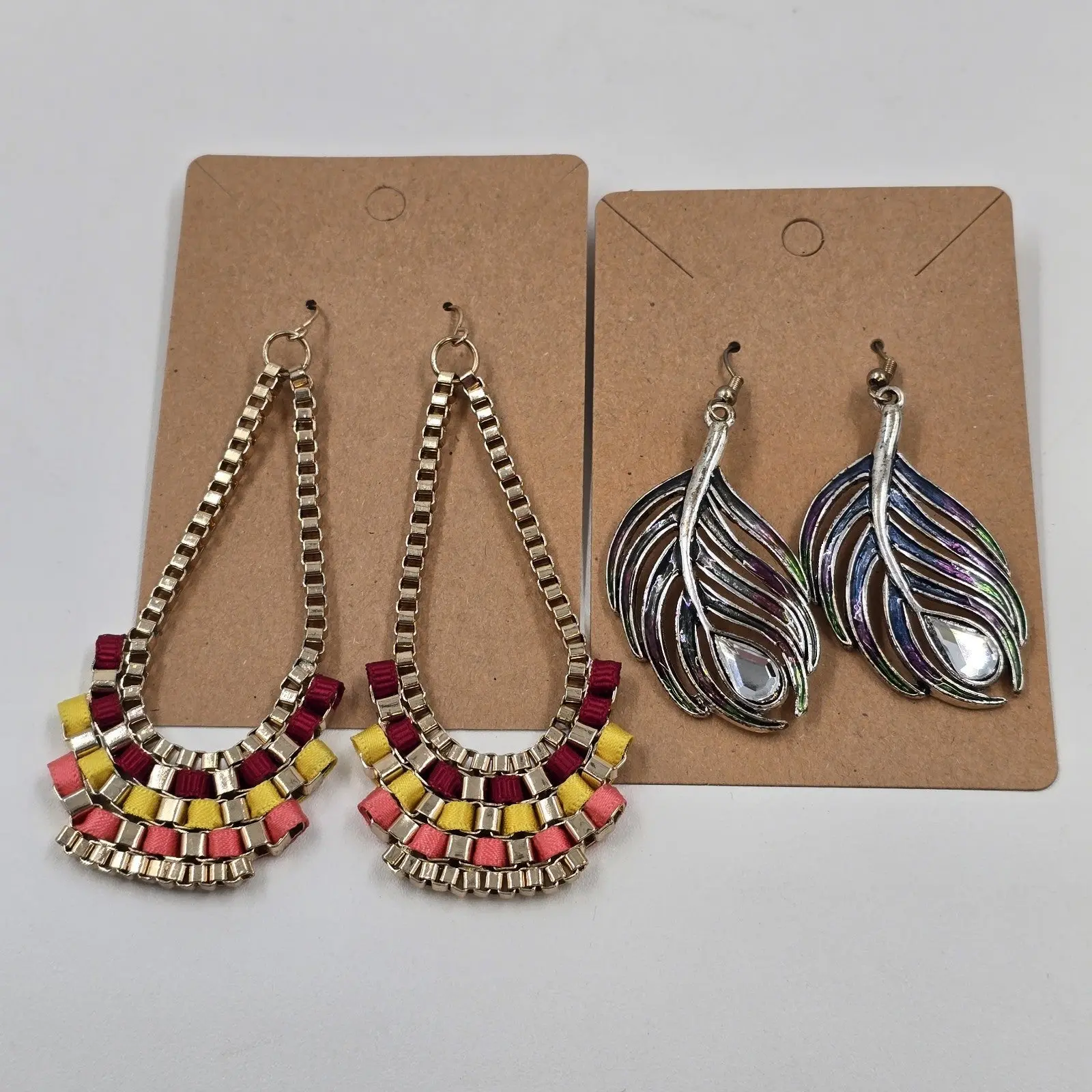 2 Set of Earrings Feather Shape Enameled Rhinestone & Avon Boho Weave Multicolor