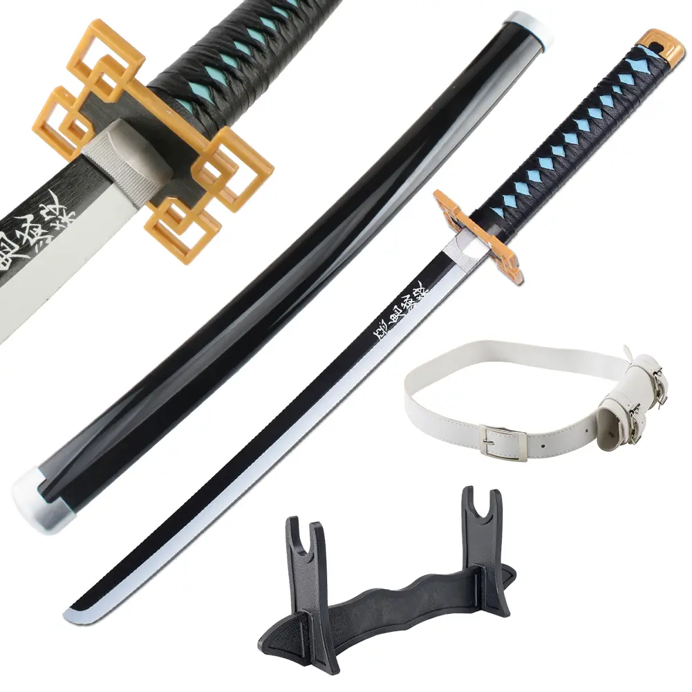 Cosplay Sword, 31 Inch Demon Slayer Tokitou Muichirou Bamboo & Plastic Replica with Safety Blade, Unisex Halloween Decoration Prop with Belt & Stand, Christmas, Birthday, Wood