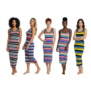 P0063 3PCS Random Color Vibrant Striped Crew Neck Midi Tank Dress Soft Mid-Elasticity Polyester Fabric Casual Sleeveless Slim Fit Hand Washable for Spring Summer Women's Clothing
