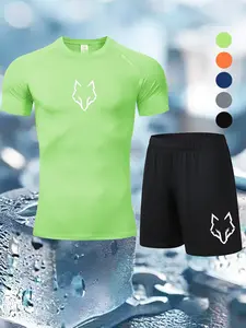 Men's 2-Piece Sports Set, Compression Short Sleeve T-Shirt, Drawstring Shorts, Wolf Logo, Elastic Comfort Fabric, Outdoor Running, Gym, Sports Training