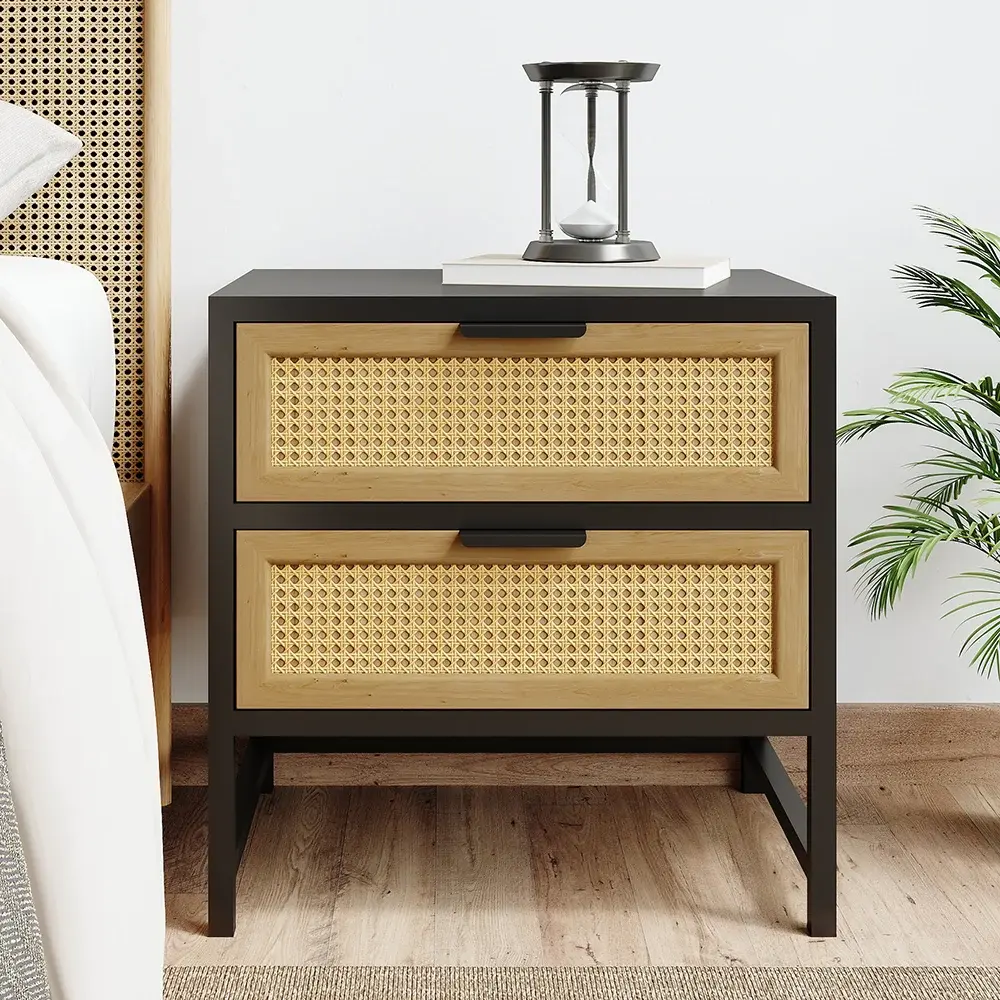 Homary 2-Drawer Modern Pine Rectangle Boho Rattan Nightstand - Bedroom Side Cabinet with Drawer Storage, Modern Furniture, Bedroom Decor Ideas