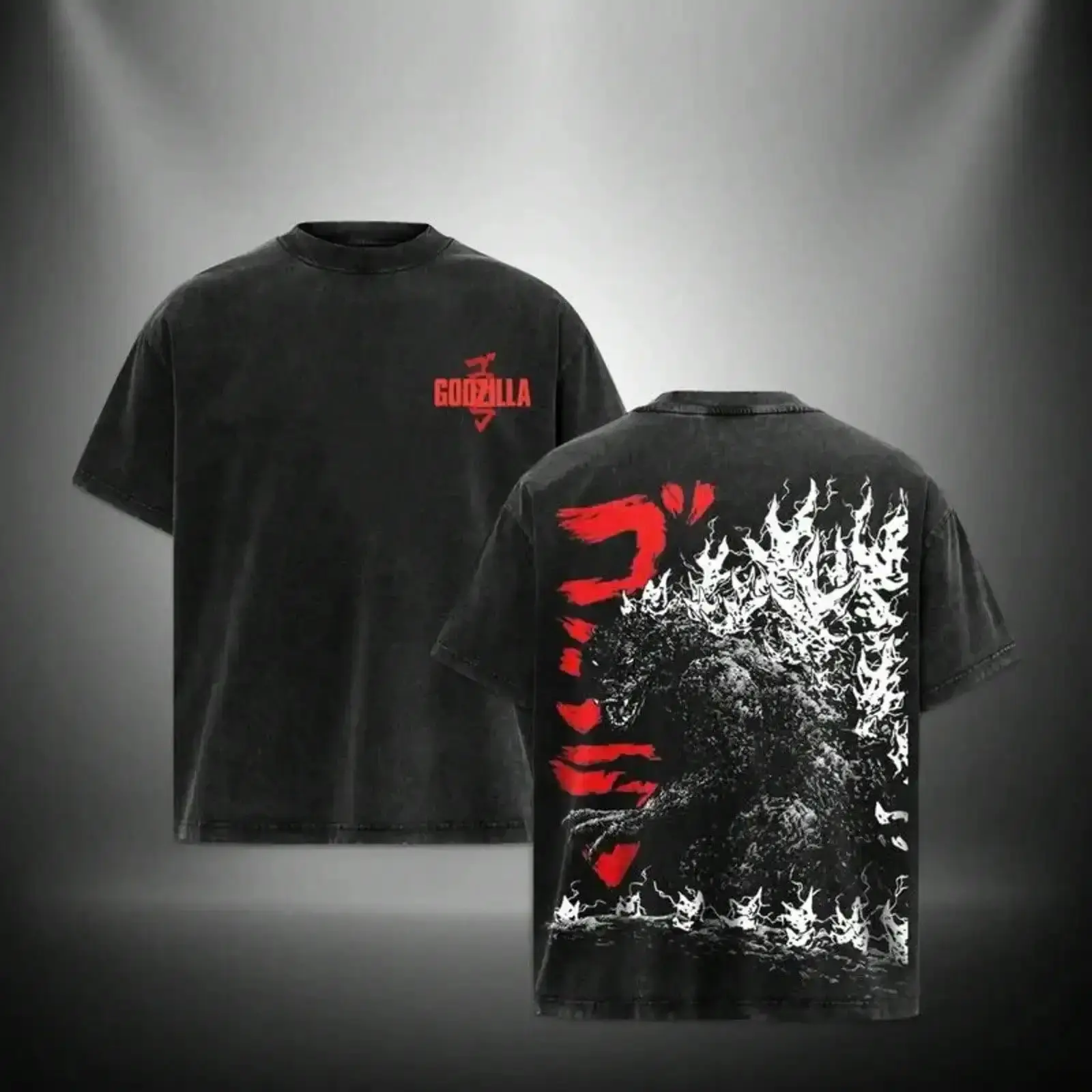 Retro Distressed Black Washed Godzilla Kaiju Tee, Dual Print Design Front Red Letter Logo Back Classic Godzilla Surrounded by White Flame Splash Graphic, Loose Fit Unisex Street Style Casual Short Sleeve Shirt for Vintage Monster Film Collectors	
