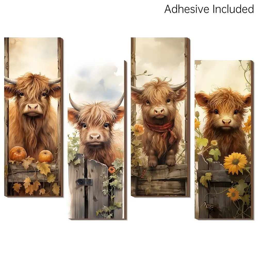 Rustic Highland Cow Wall Decor Animal Prints - 4pcs Vintage Design Wooden Wall Art Set, Decorative Artwork, Decoration Items, Country Farmhouse Style Home Decor for Bedroom, Living Room, Hallway - Perfect Valentine's Day Gift for Family & Friends