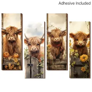 Rustic Highland Cow Wall Decor - 4pcs Vintage Wooden Wall Art, Country Farmhouse Style Home Decor for Bedroom, Living Room, Hallway - Perfect Valentine's Day Gift for Family & Friends