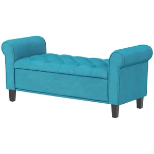 50-Inch Teal Storage Ottoman - End of Bed Bench with Rolled Arms, Wood Legs, Button Tufting for Living Room Indoor Furniture
