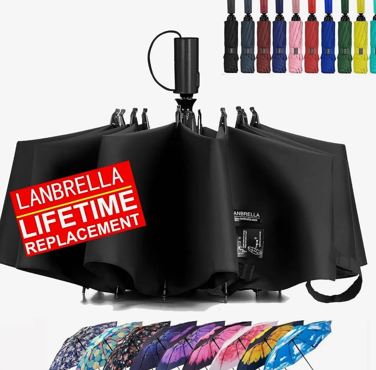 LANBRELLA Compact Reverse Folding Umbrella Auto Windproof Travel Umbrella