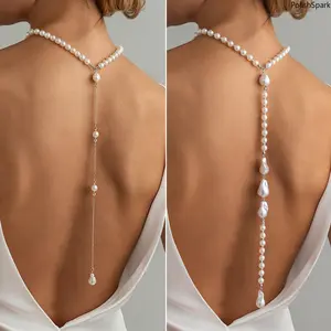 Baroque Pearl Y-Shaped Back Body Chain, Elegant Long Drop Back Necklace, Bridal Wedding Evening Statement Jewelry