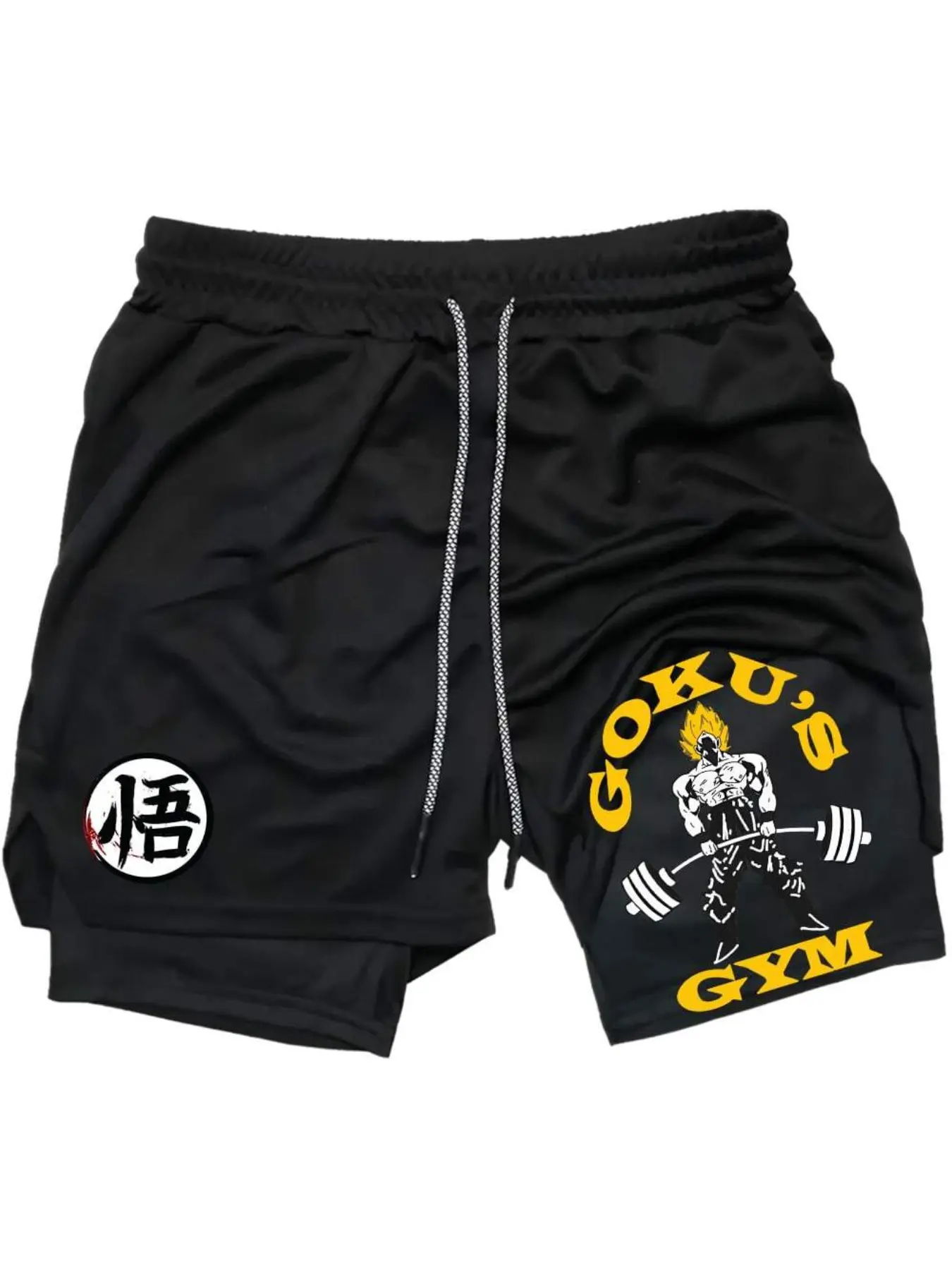 Goku's Gym Print 3-In-1 Drawstring Waist Shorts, Quick-Dry Swim Trunks, Running Shorts with Phone Pockets, Anime Gym Wear for Men