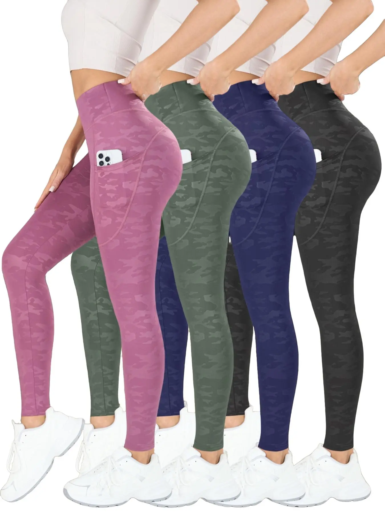4PCS Women's Camo Print Yoga Pants, Fitness Clothes, Tight-Fitting Sporty Style, Curved Pockets Outdoor Exercise Long Pants, All Seasons Fit, High Waisted Leggings, Stretchy High Waist
