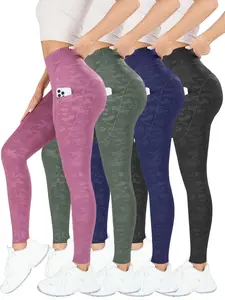 4PCS Affordable  Women's Camo Print Yoga Pants, High Waist Tight-Fitting Sporty Style, Curved Pockets Outdoor Exercise Long Pants, All Seasons Comfortable Fit, Camo Pattern