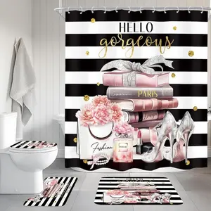 4Pcs Pink Black Girls Bathroom Sets with Shower Curtain and Rugs, Fashion Flower Perfume Toilet Lid Cover, Bath Mat, Women Girly White Striped High Heels Books Shower Curtain with 12 Hooks