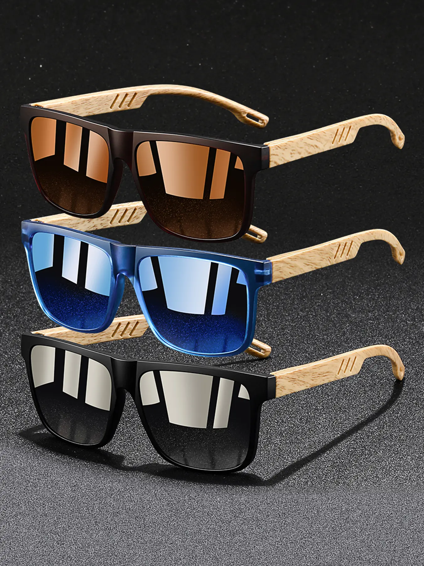 3 pairs of fashionable imitate wood grain square glasses,with retro hollow out design,suitable for both men and women,offering multiple color options,perfect for outdoor activities such as cycling,fishing,and hiking.