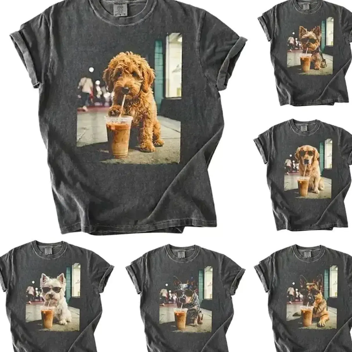 Comfort Colors Pepper 50+ Dog Breeds Available Iced Coffee Shirt, Funny Dog Coffee Lover Tee, Grunge Frenchie Graphic Shirt, Trendy Aesthetic Dog Tee may24
