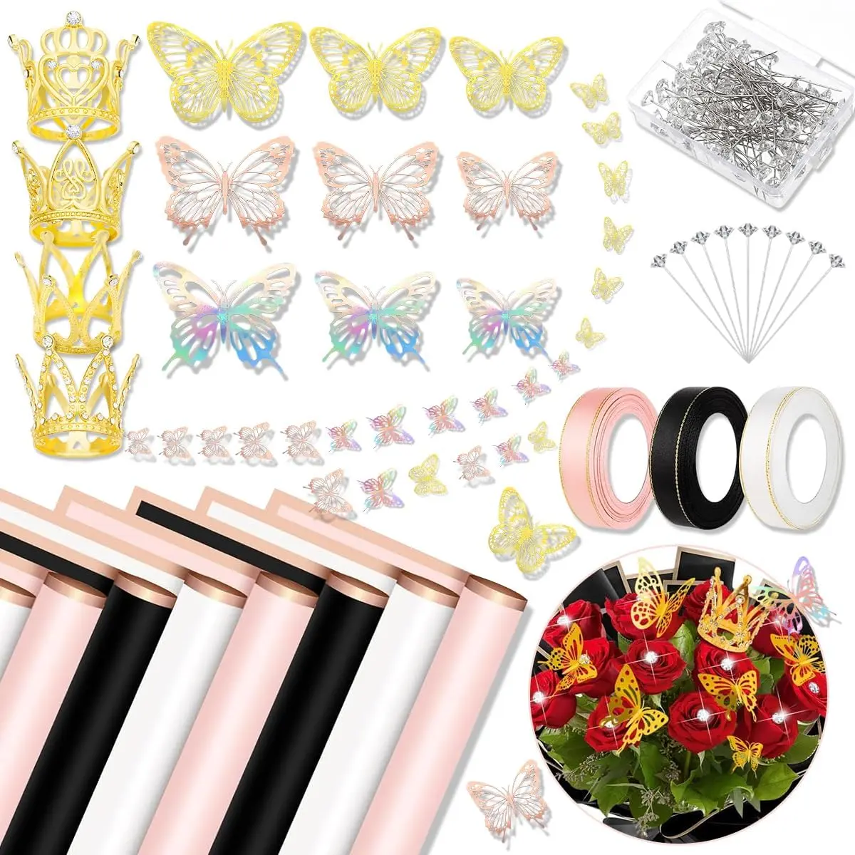 Flower Wrapping Paper, Bouquet Wrapping Paper Kits, 60Sheets Waterproof Flower Wrapping Paper, Floral Wrapping Paper Bouquet in Black Pink Beige With Ribbons, Flower Pins, 3D Butterflies & Crowns for Florist Wrap