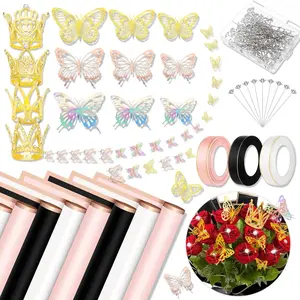 Flower Wrapping Paper, Bouquet Wrapping Paper Kits, 60Sheets Waterproof Flower Wrapping Paper, Floral Wrapping Paper Bouquet in Black Pink Beige With Ribbons, Flower Pins, 3D Butterflies & Crowns for Florist Wrap