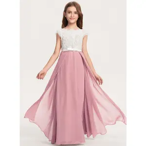 7-12Y Lace White Pink Chiffon 623 Kids Clothes Flower Girls Princess Long Ball Gown Frock Children Formal Evening Party Banquet Pageant Prom Host Cocktail Dress