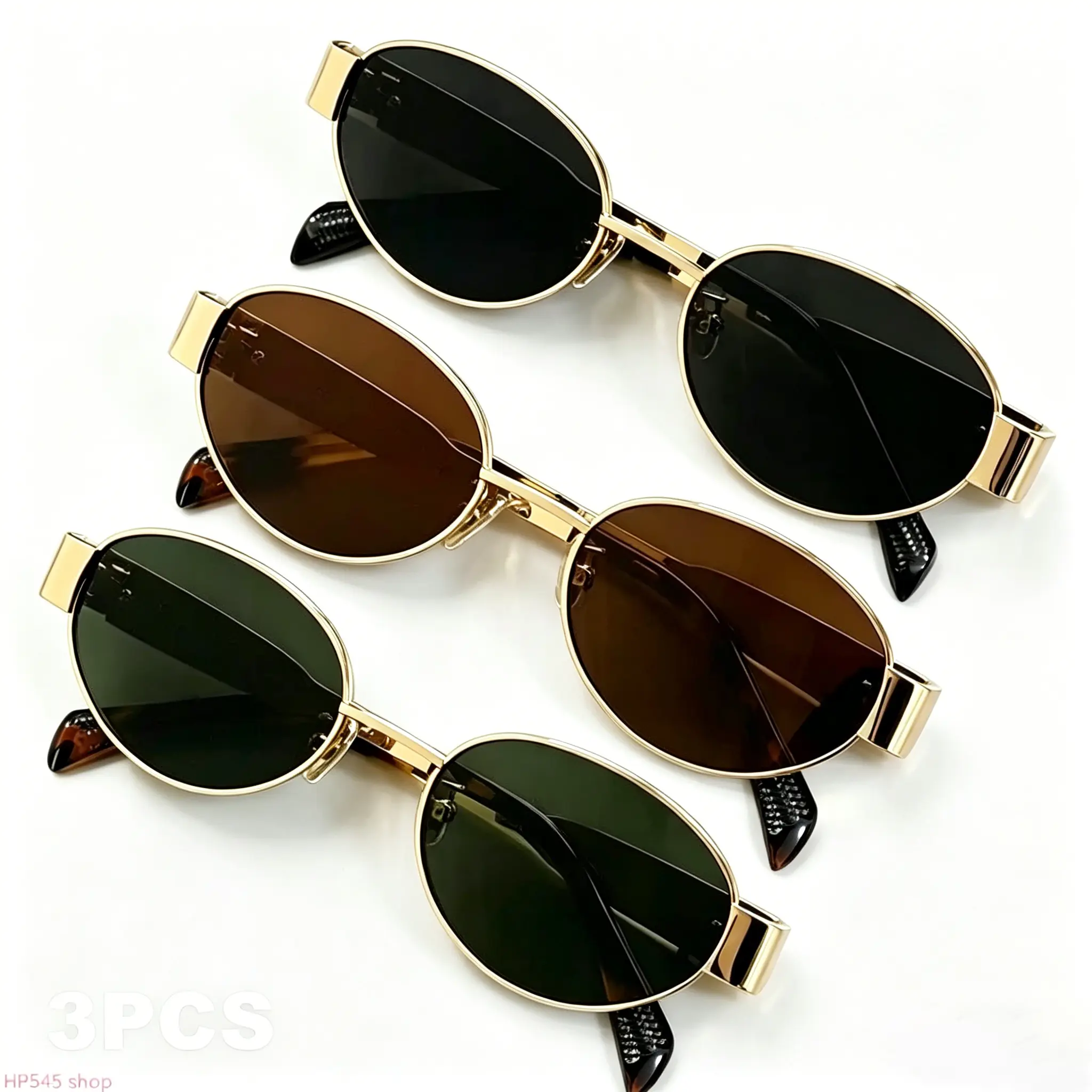 Women's 3-Pack Elegant Oval Metal Frame Sunglasses - Gold-Themed, Bulk, Casual Tinted Lenses Eyewear, Beach Travel & Daily Accessories, Ideal Summer Gift, Frame Women's Sunglasses, Gold-Themed Women's Sunglasses homedecor