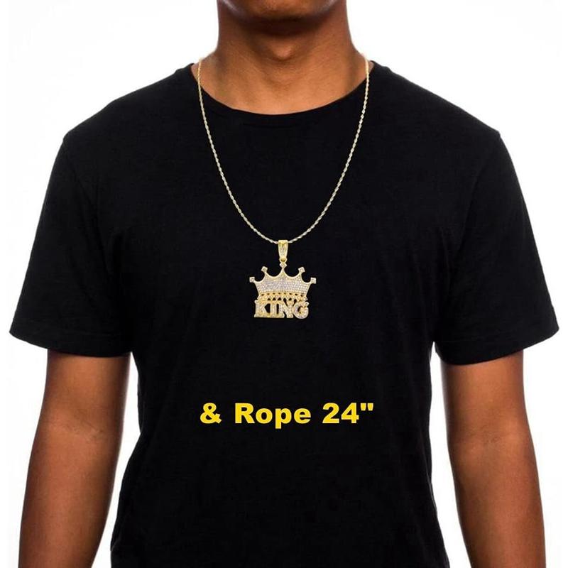 14k Gold Silver Plated Hip Ho Rapper Pendant Chain Necklace for Men-Iced Out Diamond King Pendant with 22 Inch Rope Tennis Chains