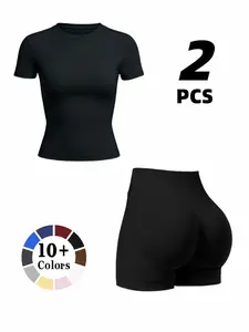 Women's Fashion Sportswear Set, Sports Activewear Set, Breathable Slim Fit Round Neck Short Sleeve High Waist Yoga Pants, Gym Running Cycling Workout Clothes, Casual Activewear