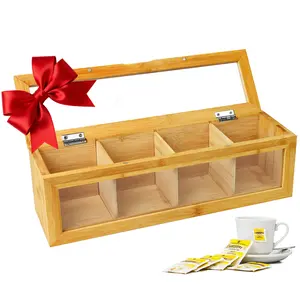 Tea Bag Organizer, Bamboo Tea Bag Holder, with Magnetic Lid & Window – 4 Compartments Tea Bag Storage for Kitchen Countertop – Eco-Friendly, Space-Saving & Giftable for Tea Lovers (13.5" x 4" x 4.1")
