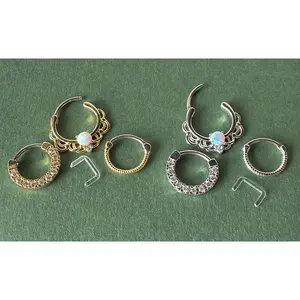 3pc Value Pack: 16g Opal / CZ Gem / Rope Septum Clicker Rings, w/free Retainer!