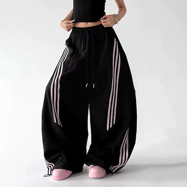 American vintage striped paratrooper cargo pants, loose wide-leg pants with drawstring cuffs, street dance trendy casual long pants