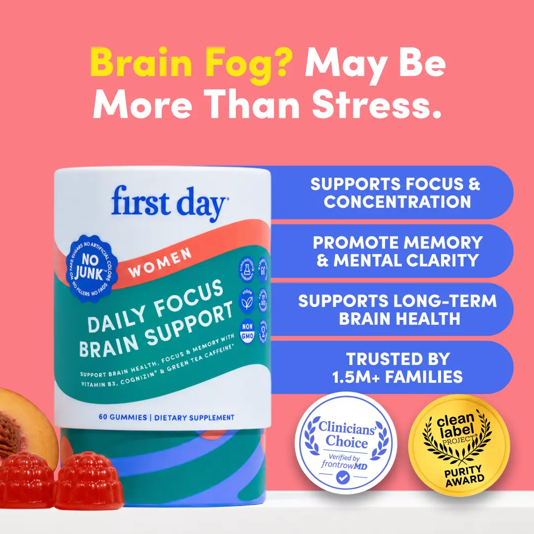 First Day Women's Focus Gummies 18+, Natural Peach Flavor — Cognizin Citicoline, Phosphatidylserine, Green Tea Caffeine, Vitamin B3 — Focus, Memory, Fight Brain Fog, Calm Energy — 30-Day Supply, Vegan, Non-GMO, No Junk