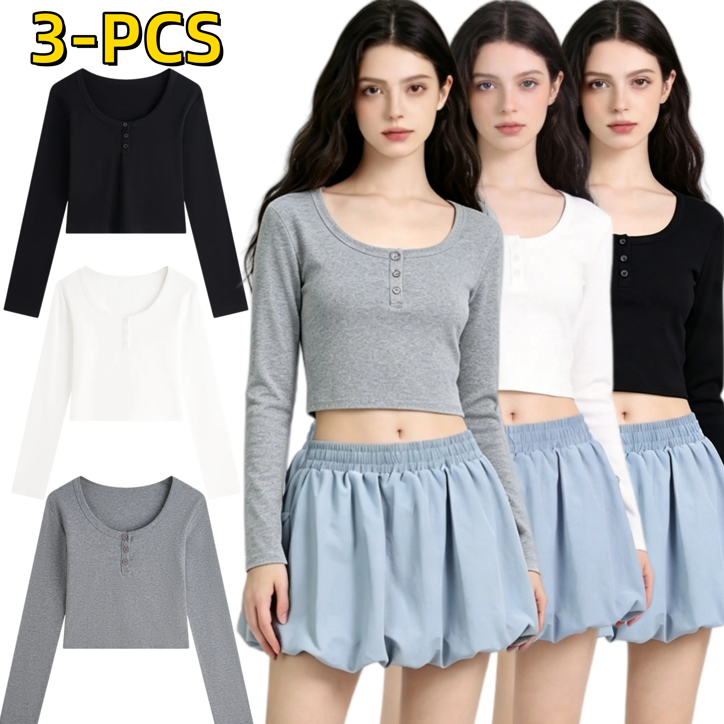 Women’s U-neck short-length long-sleeve T-shirt with three buttons, slim fit, high stretch, skin-friendly, figure-flattering cropped top for layering, available in multiple colors, versatile for everyday casual wear, hot-girl style