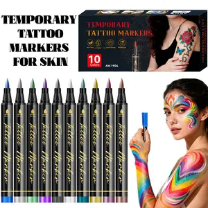 10-Color Washable Body Markers Kit Temporary Tattoo Pens with Flexible Brush Tip Non-Toxic Face & Body Paint for Kids & Adults Includes 5 Bonus Tattoo Stencils Perfect for Skin