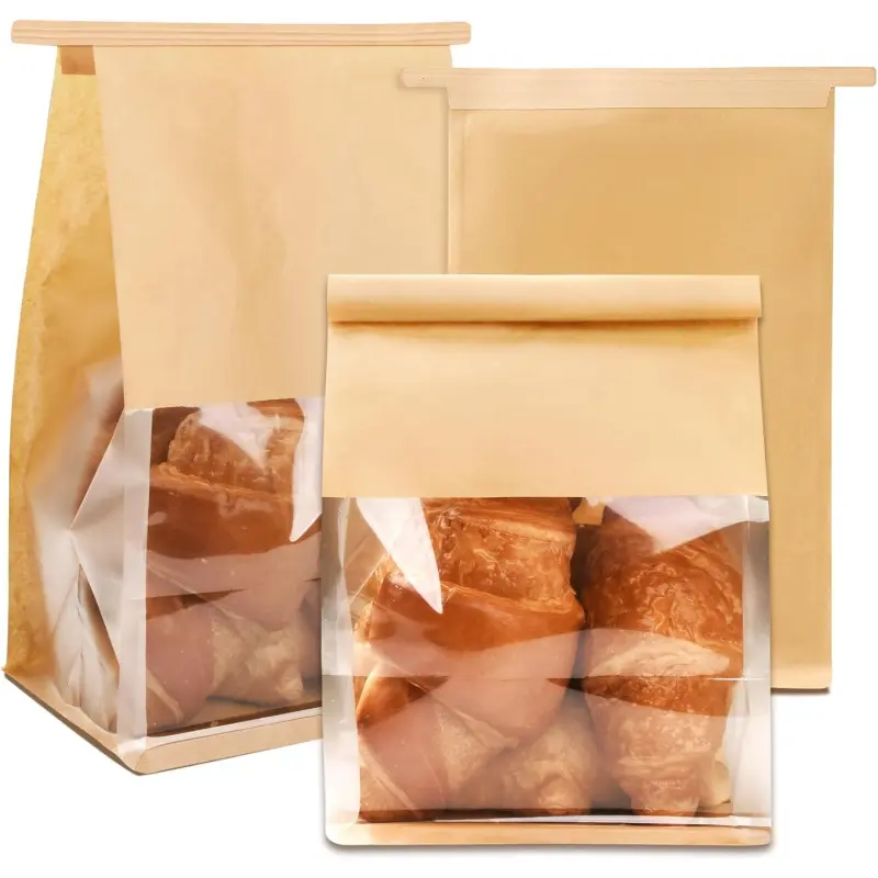 60 Pcs Bakery Bags with Window, 5.1x6.2x10.5 Inches Ties Lock Cookie Packaging Bag Resealable Paper Treat Bags for Homemade Breads, Popcorn, Candies,Treats, Snacks, Baked Goods Packaging