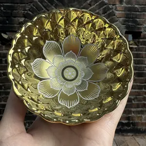 Tea Bowl Artisan Porcelain - Gilded Glaze with Engraved Lotus Flower and Wavy Edge