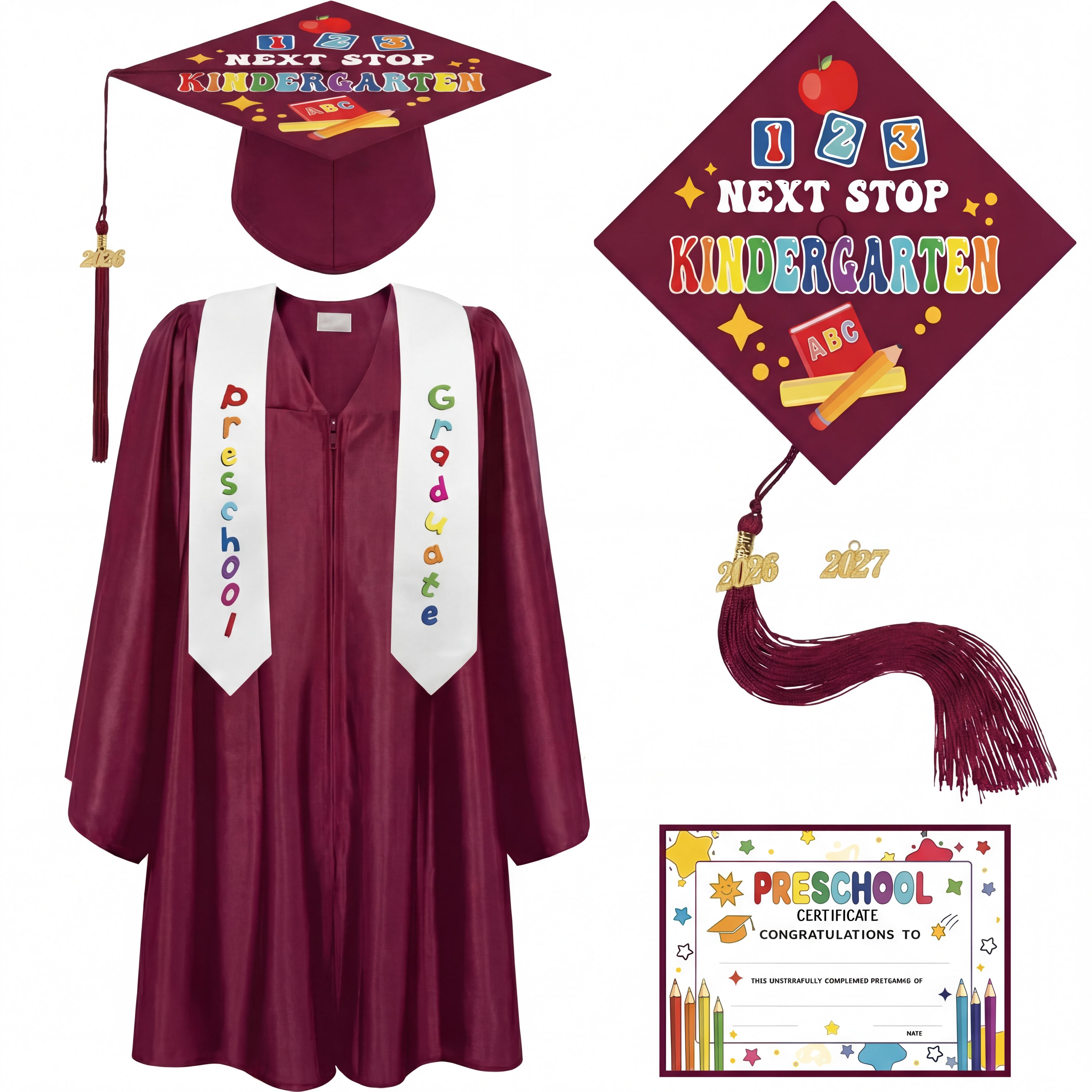 4 pcs Kindergarten Preschool Class Graduation Gown Set Cap Gown Stole with 2026 Tassel and Certificate for Toddler Kids Classmates or Friends Student Graduation School Supplies